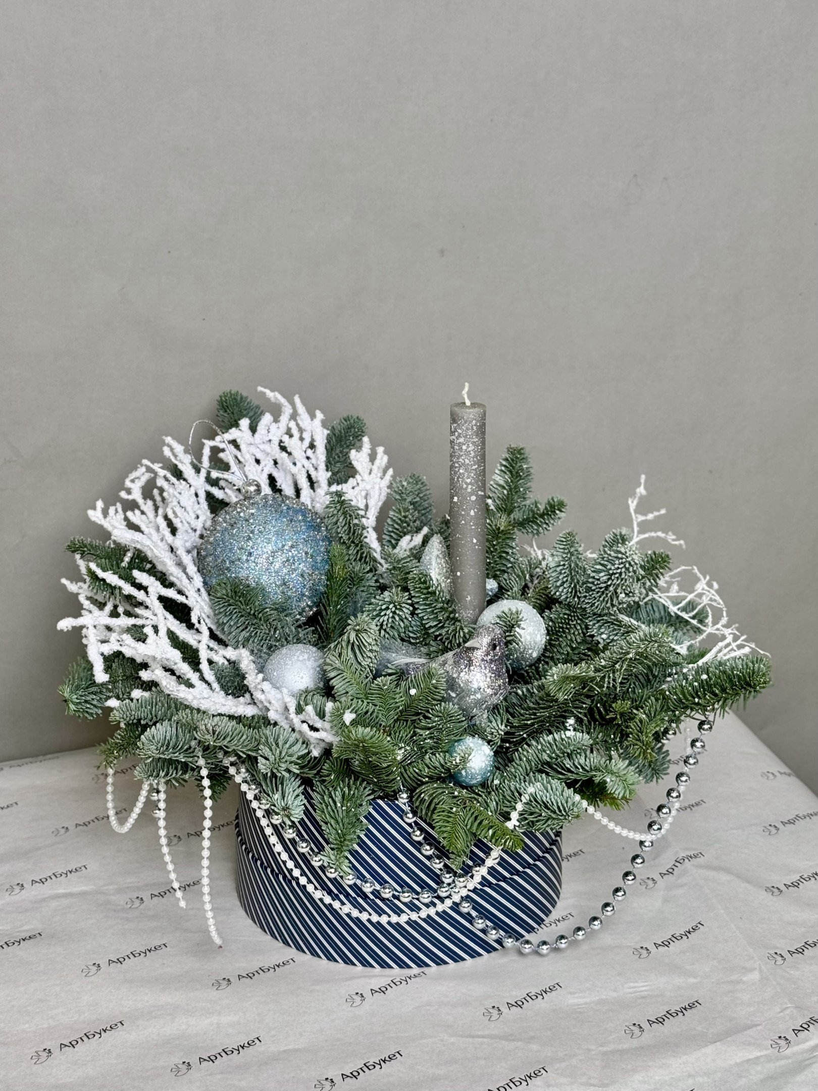 Зимняя композиция в шляпной коробке №7