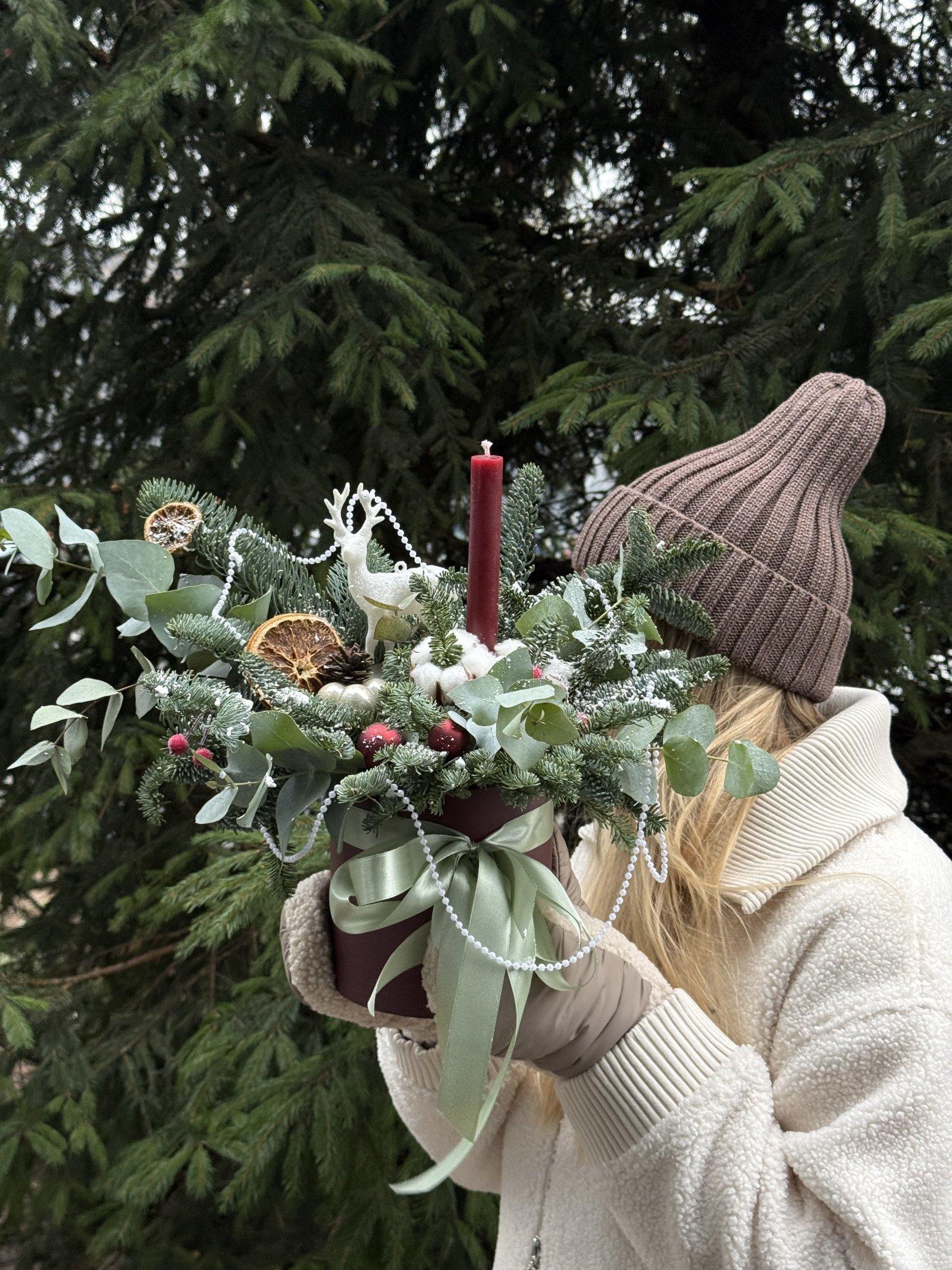 Зимняя композиция в шляпной коробке №6